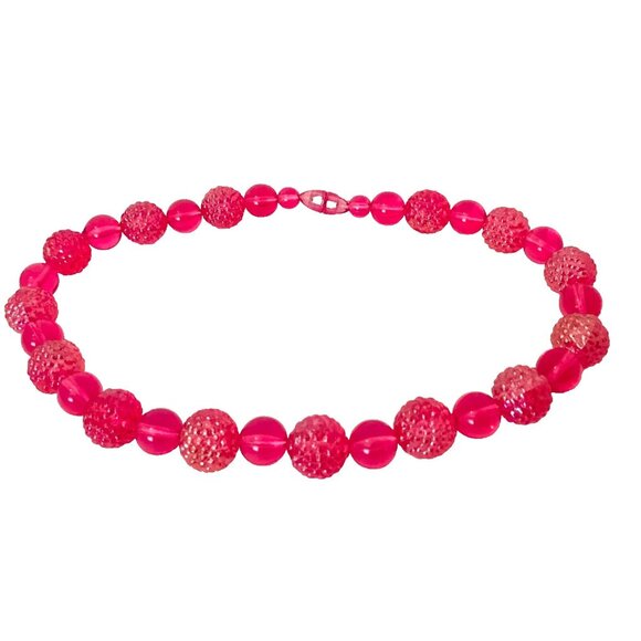 1930s-1950s Estate Beaded Necklace Choker Pink Plastic Beads Chunky MCM Vintage - Picture 1 of 8